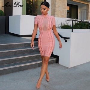 Pink Bandage & Mesh Dress w/ Gold Hardware Detail
